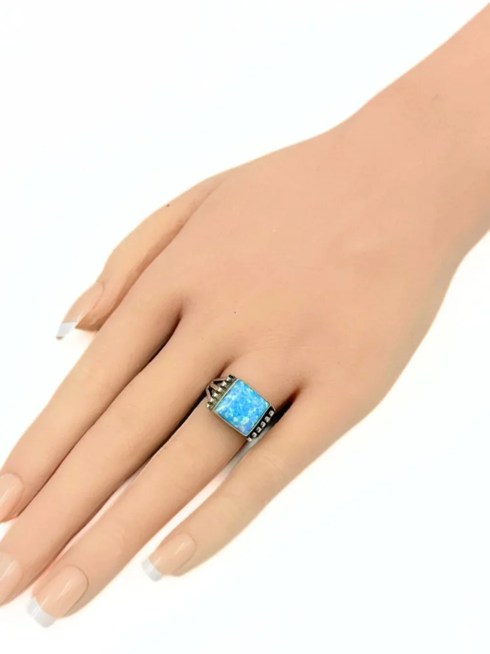 OTT Marked Southwest Sterling Silver Square Lab Opal Ring Sz 6